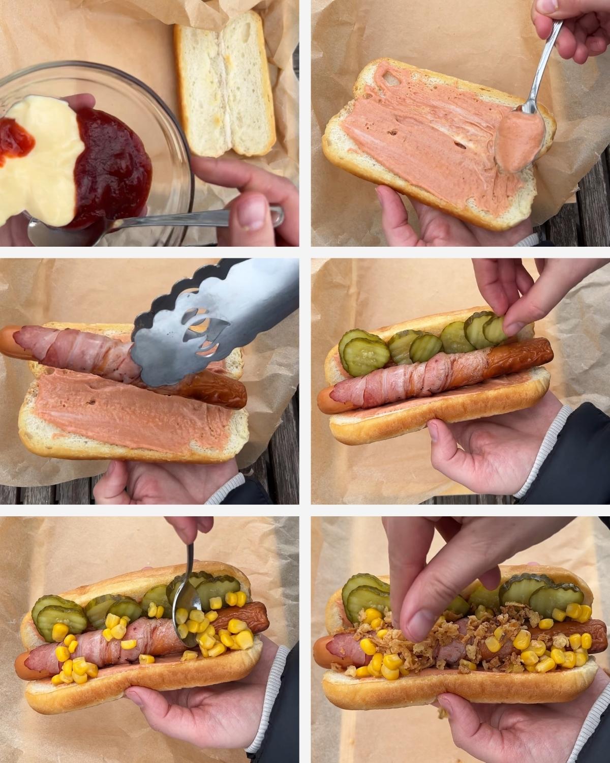 Składanie hot doga z grilla gazowego z dodatkiem sosu, ogórków i kukurydzy