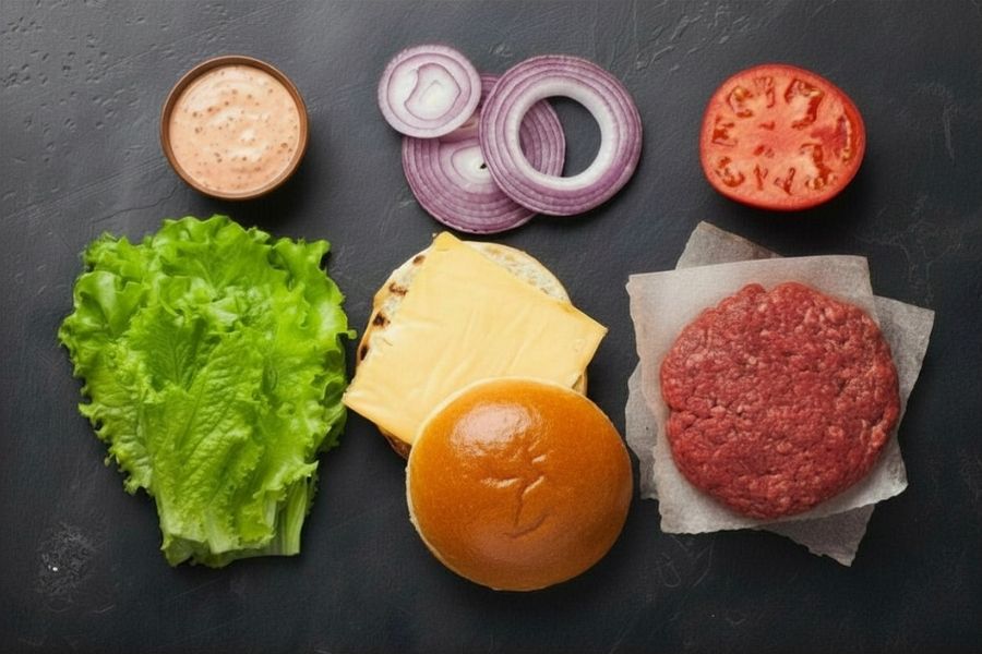 title Składniki na burgery z grilla gazowego: mielona wołowina, bułki brioche, ser cheddar
