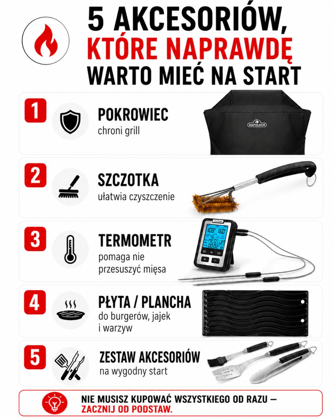 5 najważniejszych akcesoriów do pierwszego grilla gazowego pokrowiec szczotka termometr szczypce i płyta żeliwna