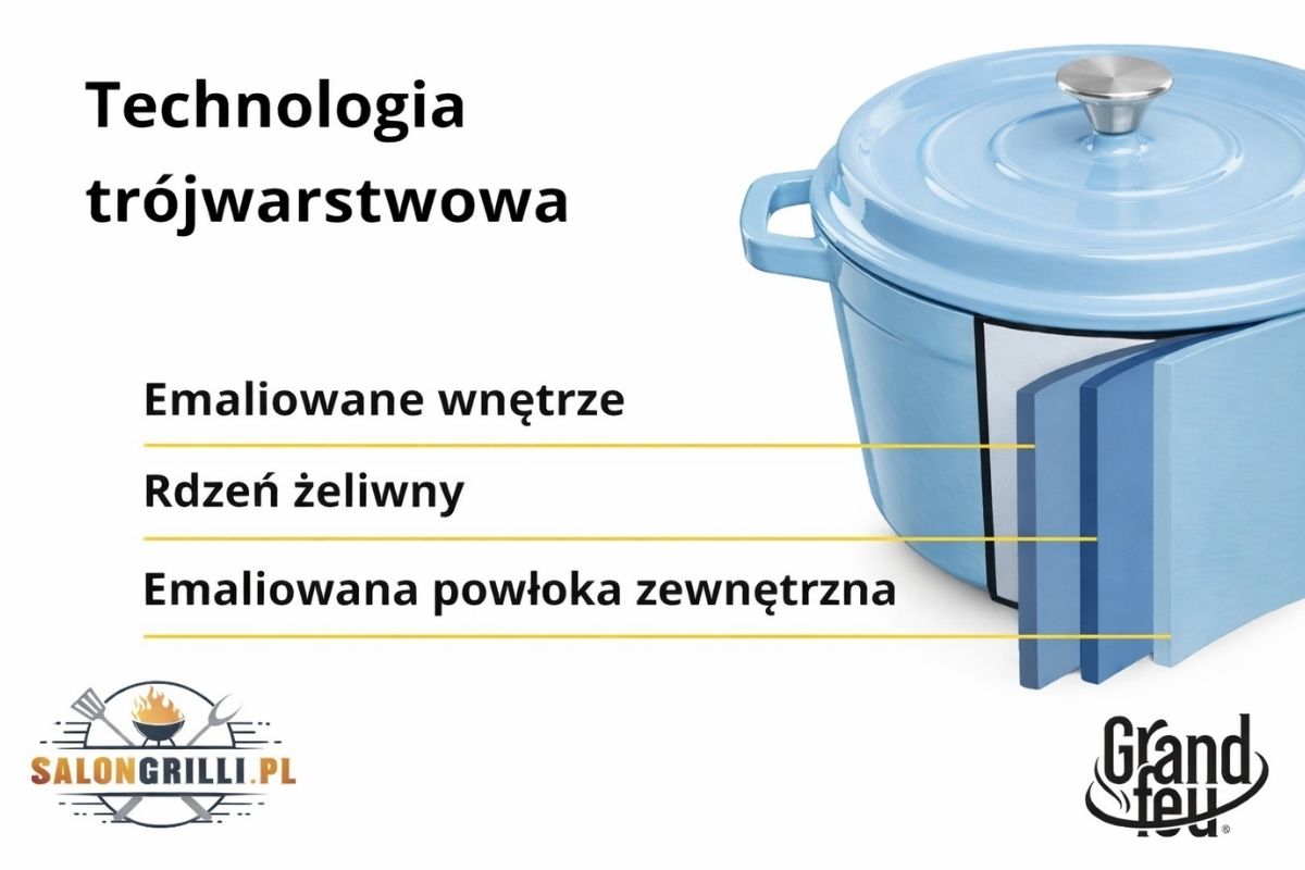 technologia żeliwa – warstwowa konstrukcja garnka żeliwnego emaliowanego Grand Feu biały 